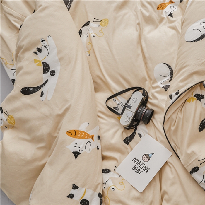 91家纺网 家纺一手货源 找家纺 棉眠 2019春夏新款全棉镶边蝴蝶结四件套 床单款 肥猫猫