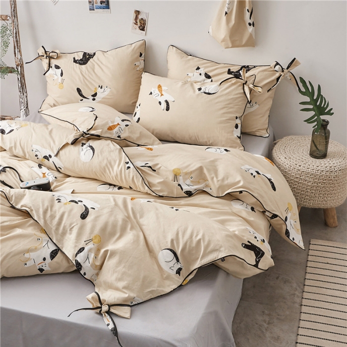 91家纺网 家纺一手货源 找家纺 棉眠 2019春夏新款全棉镶边蝴蝶结四件套 床单款 肥猫猫
