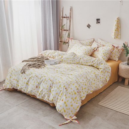 棉眠 2019春夏新款全棉镶边蝴蝶结四件套 床单款 花开
