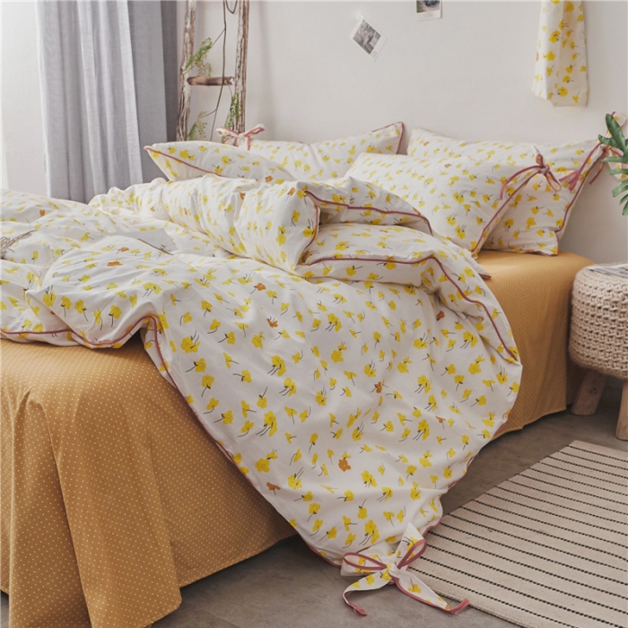 91家纺网 家纺一手货源 找家纺 棉眠 2019春夏新款全棉镶边蝴蝶结四件套 床单款 花开