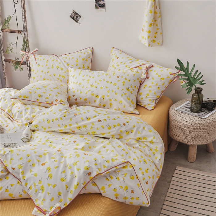 91家纺网 家纺一手货源 找家纺 棉眠 2019春夏新款全棉镶边蝴蝶结四件套 床单款 花开