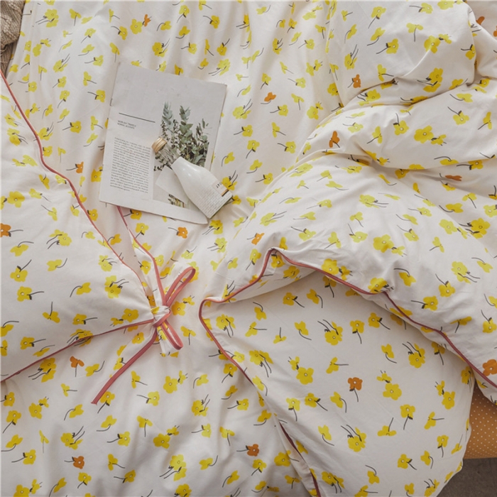91家纺网 家纺一手货源 找家纺 棉眠 2019春夏新款全棉镶边蝴蝶结四件套 床单款 花开