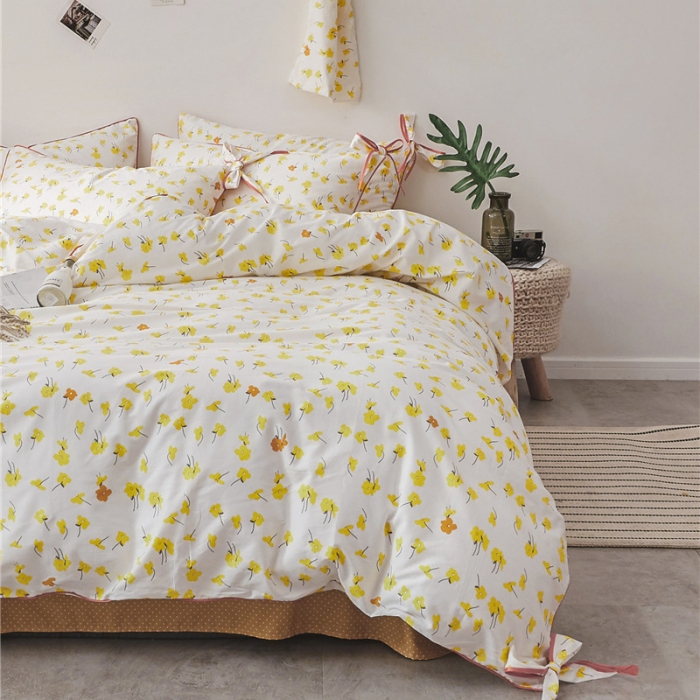 91家纺网 家纺一手货源 找家纺 棉眠 2019春夏新款全棉镶边蝴蝶结四件套 床单款 花开