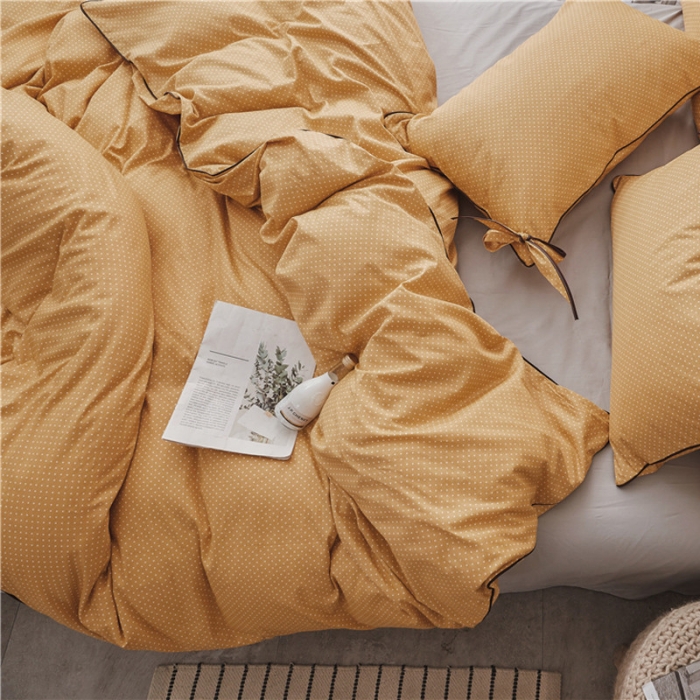 91家纺网 家纺一手货源 找家纺 棉眠 2019春夏新款全棉镶边蝴蝶结四件套 床单款 黄点点