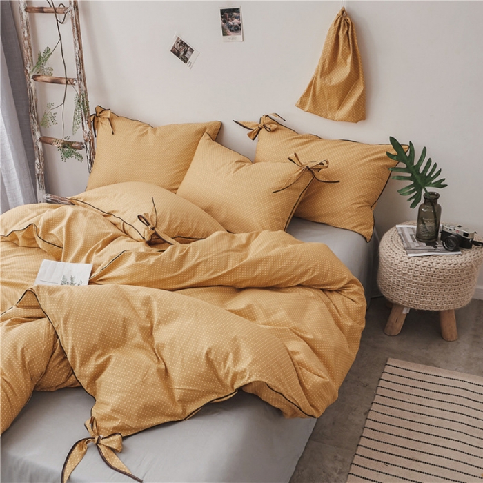 91家纺网 家纺一手货源 找家纺 棉眠 2019春夏新款全棉镶边蝴蝶结四件套 床单款 黄点点