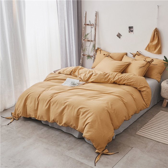 91家纺网 家纺一手货源 找家纺 棉眠 2019春夏新款全棉镶边蝴蝶结四件套 床单款 黄点点