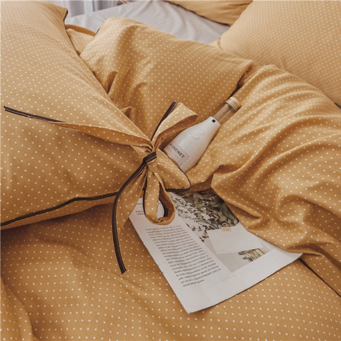 91家纺网 家纺一手货源 找家纺 棉眠 2019春夏新款全棉镶边蝴蝶结四件套 床单款 黄点点