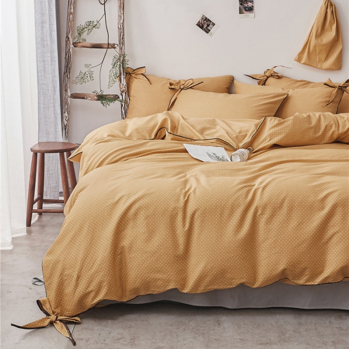 91家纺网 家纺一手货源 找家纺 棉眠 2019春夏新款全棉镶边蝴蝶结四件套 床单款 黄点点