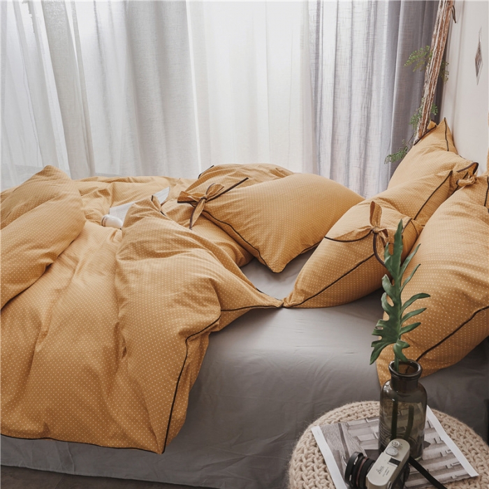 91家纺网 家纺一手货源 找家纺 棉眠 2019春夏新款全棉镶边蝴蝶结四件套 床单款 黄点点