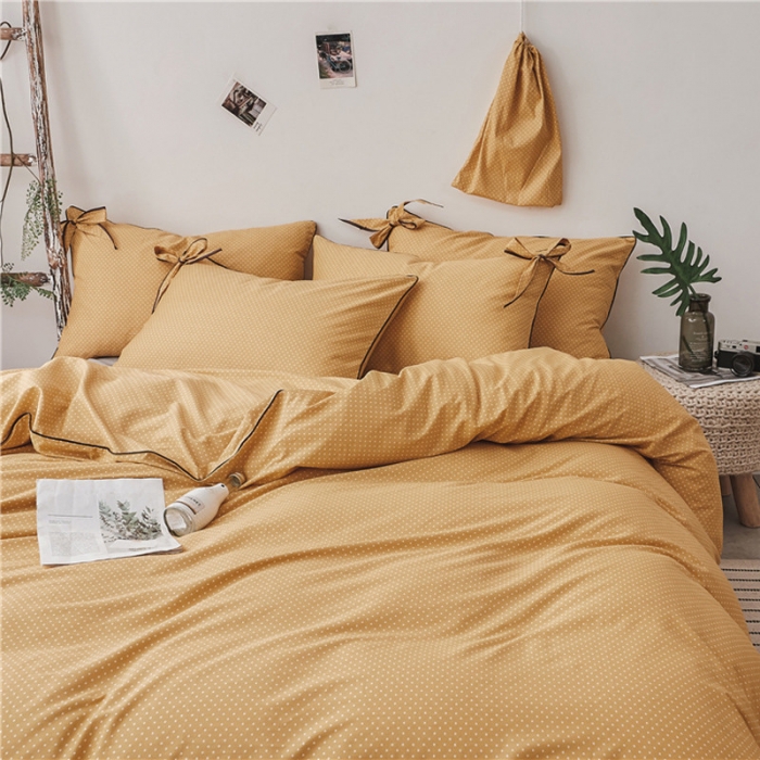 91家纺网 家纺一手货源 找家纺 棉眠 2019春夏新款全棉镶边蝴蝶结四件套 床单款 黄点点