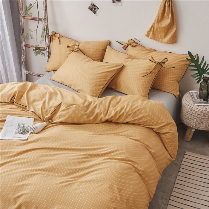 91家纺网 家纺一手货源 找家纺 棉眠 2019春夏新款全棉镶边蝴蝶结四件套 床单款 黄点点