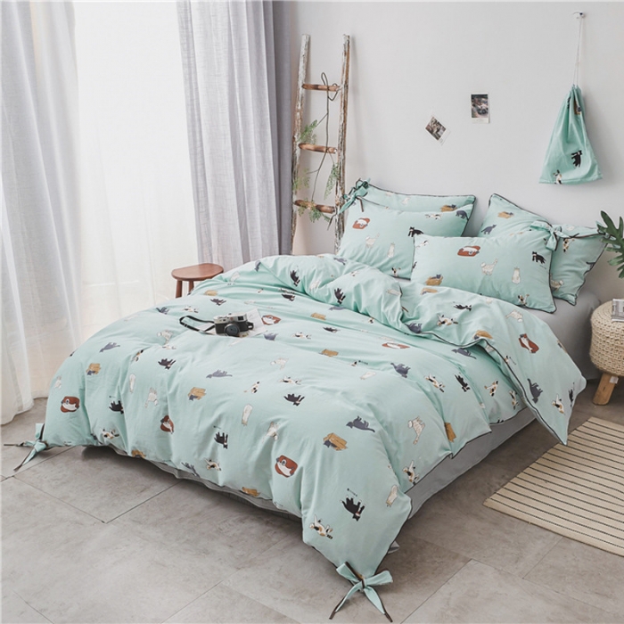 91家纺网 家纺一手货源 找家纺 棉眠 2019春夏新款全棉镶边蝴蝶结四件套 床单款 猫咪聚会