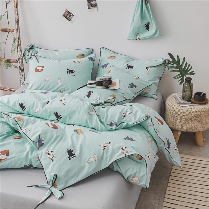 91家纺网 家纺一手货源 找家纺 棉眠 2019春夏新款全棉镶边蝴蝶结四件套 床单款 猫咪聚会