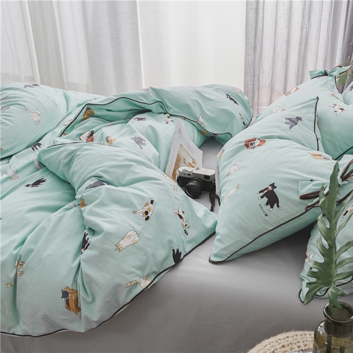 91家纺网 家纺一手货源 找家纺 棉眠 2019春夏新款全棉镶边蝴蝶结四件套 床单款 猫咪聚会