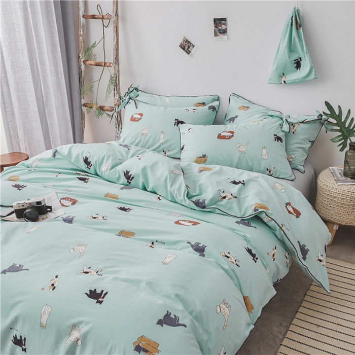 91家纺网 家纺一手货源 找家纺 棉眠 2019春夏新款全棉镶边蝴蝶结四件套 床单款 猫咪聚会