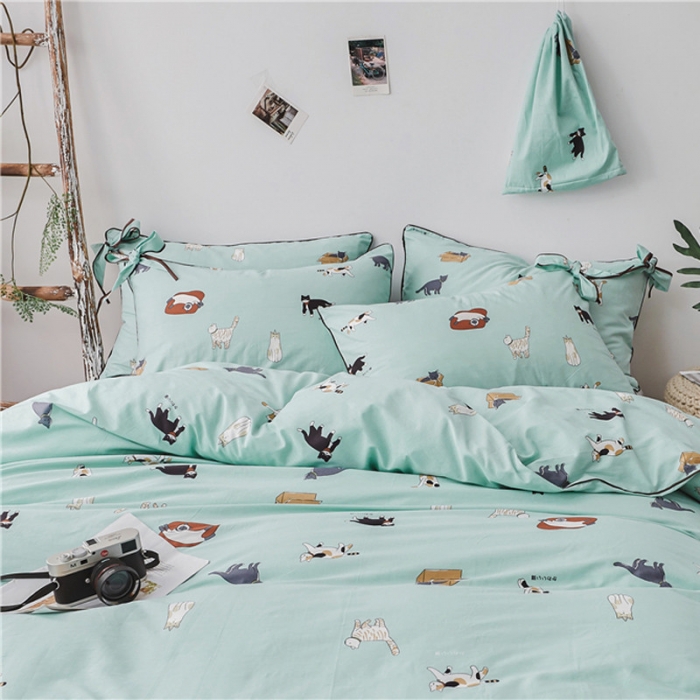 91家纺网 家纺一手货源 找家纺 棉眠 2019春夏新款全棉镶边蝴蝶结四件套 床单款 猫咪聚会