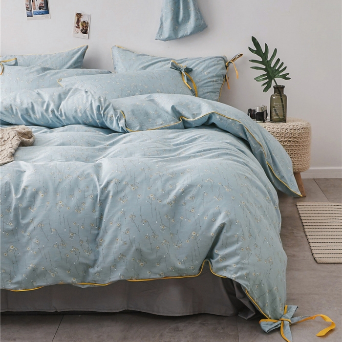 91家纺网 家纺一手货源 找家纺 棉眠 2019春夏新款全棉镶边蝴蝶结四件套 床单款 山菊