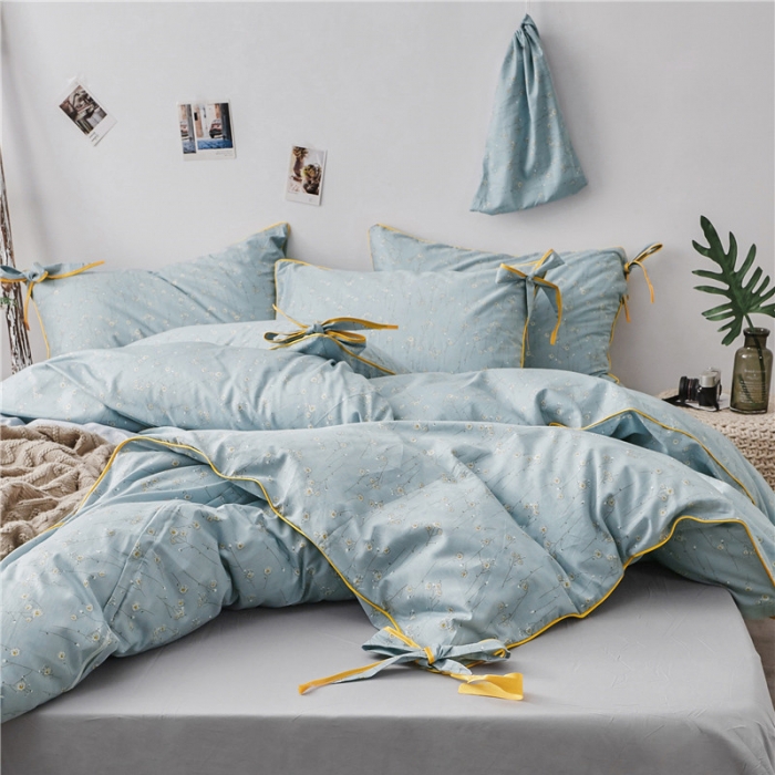 91家纺网 家纺一手货源 找家纺 棉眠 2019春夏新款全棉镶边蝴蝶结四件套 床单款 山菊