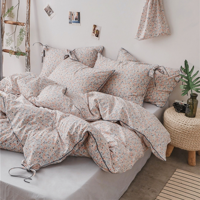 91家纺网 家纺一手货源 找家纺 棉眠 2019春夏新款全棉镶边蝴蝶结四件套 床单款 繁花