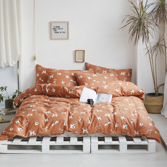 91家纺网 家纺一手货源 找家纺 棉眠 2019新款13070简约全棉四件套 狗狗日记