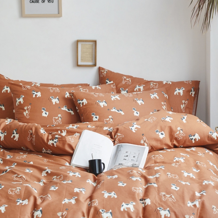 91家纺网 家纺一手货源 找家纺 棉眠 2019新款13070简约全棉四件套 狗狗日记