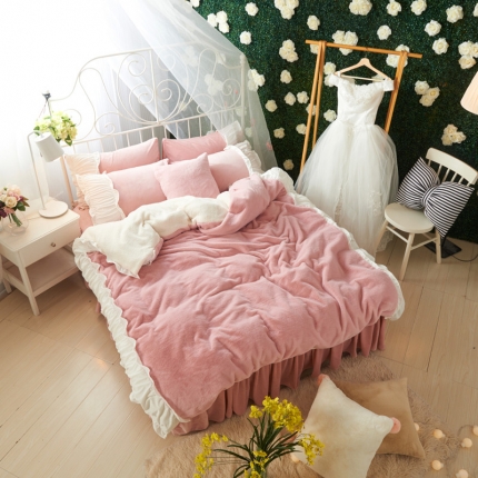 91家纺网 家纺一手货源 找家纺 漫调家纺 2017新款兔兔绒韩版四件套马卡龙粉