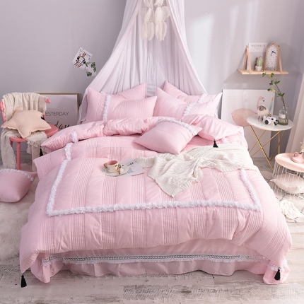 91家纺网 家纺一手货源 找家纺 漫调家纺 全棉韩版公主风 夏被四件套 樱花粉