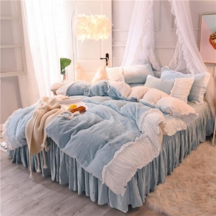 91家纺网 家纺一手货源 找家纺 漫调家纺 2018新款兔兔绒四件套  Tiffany蓝