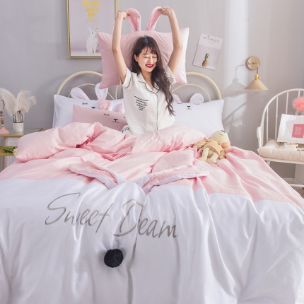 91家纺网 家纺一手货源 找家纺 漫调家纺  2019新款ins爆款全棉兔耳朵四件套 甜心粉