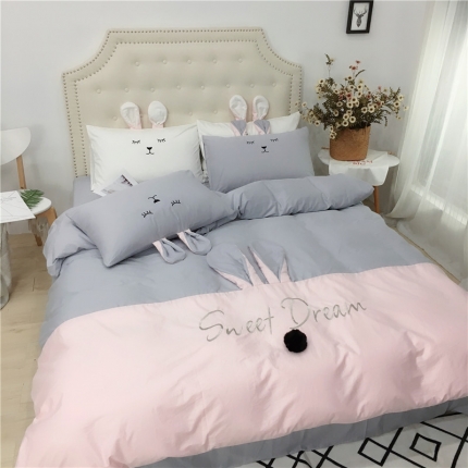 漫调家纺  2019新款ins爆款全棉兔耳朵四件套 灰粉