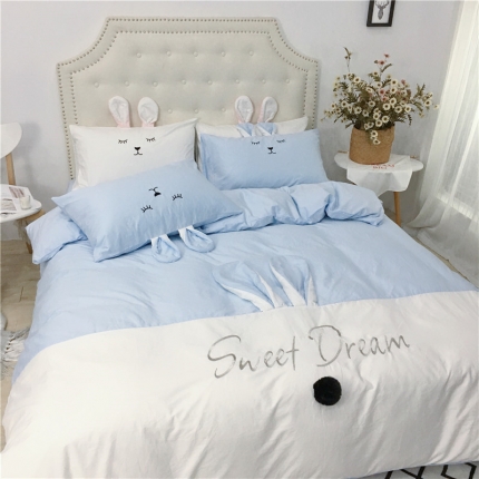 91家纺网 家纺一手货源 找家纺 漫调家纺  2019新款ins爆款全棉兔耳朵四件套 天真蓝