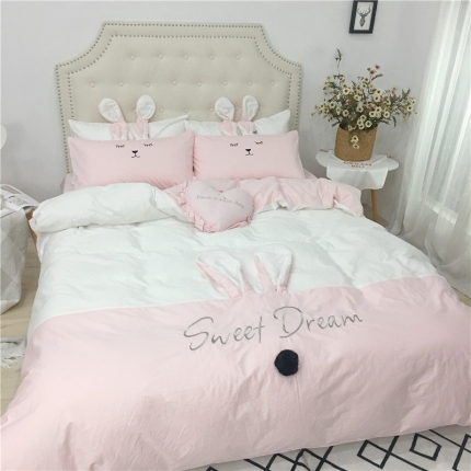 91家纺网 家纺一手货源 找家纺 漫调家纺  2019新款ins爆款全棉兔耳朵四件套甜心粉-白