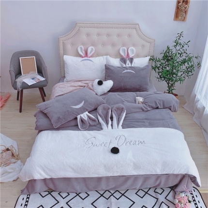 91家纺网 家纺一手货源 找家纺 漫调家纺  秋冬新品创意立体兔兔绒保暖四件套 深空灰