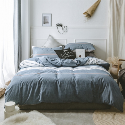 早春全棉色织水洗套件电子图海蓝条纹