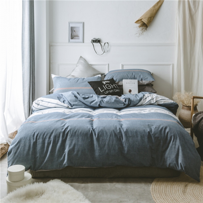 91家纺网 家纺一手货源 找家纺 早春全棉色织水洗套件电子图海蓝条纹