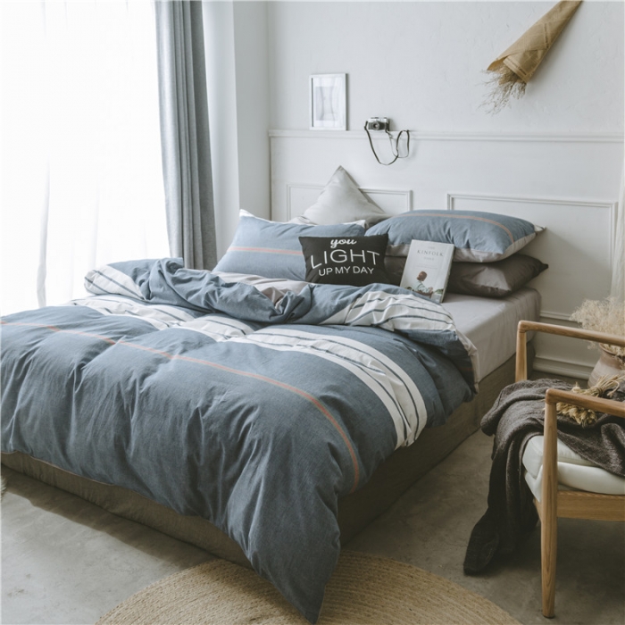 91家纺网 家纺一手货源 找家纺 早春全棉色织水洗套件电子图海蓝条纹