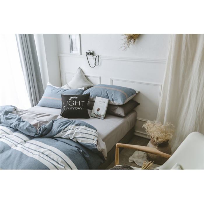 91家纺网 家纺一手货源 找家纺 早春全棉色织水洗套件电子图海蓝条纹