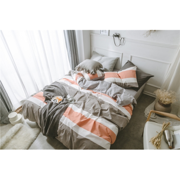 91家纺网 家纺一手货源 找家纺 早春全棉色织水洗套件电子图橘黄条纹