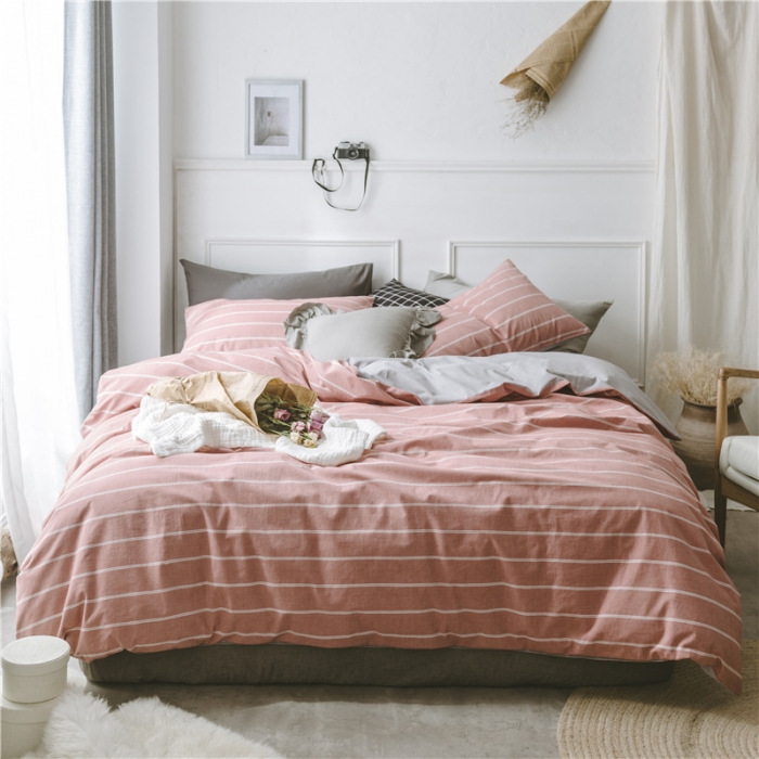 91家纺网 家纺一手货源 找家纺 早春全棉色织水洗套件电子图品红条纹