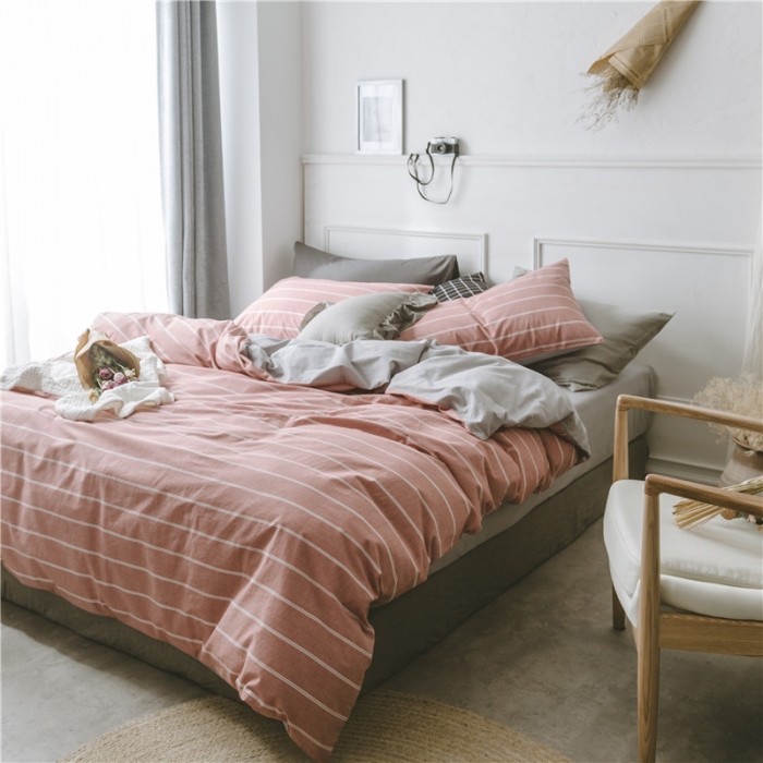 91家纺网 家纺一手货源 找家纺 早春全棉色织水洗套件电子图品红条纹