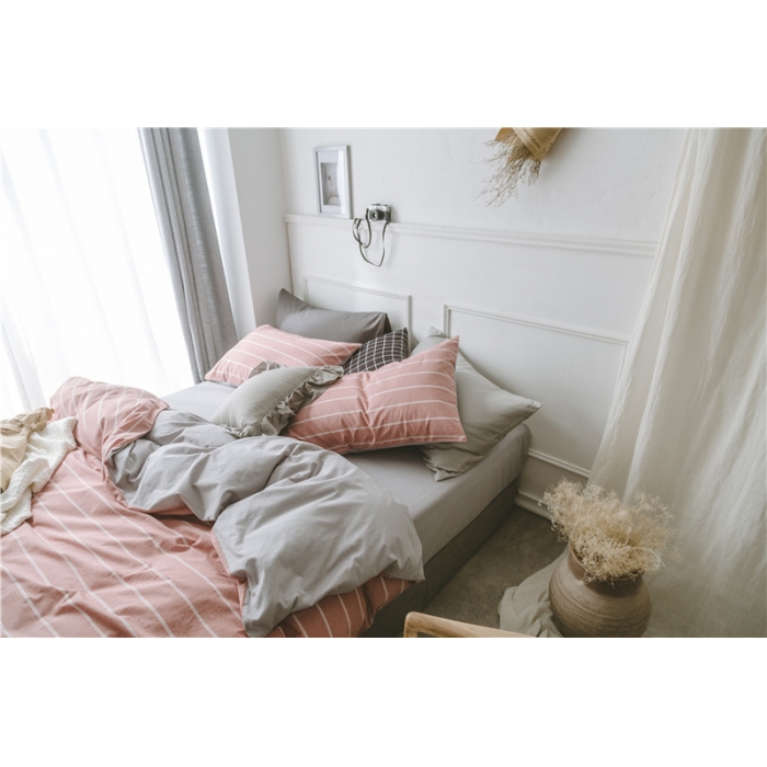 91家纺网 家纺一手货源 找家纺 早春全棉色织水洗套件电子图品红条纹