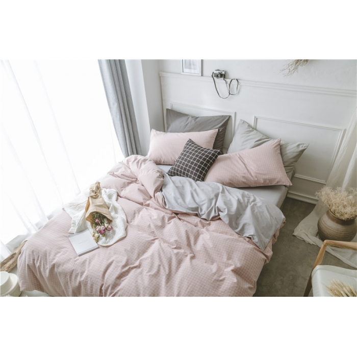 91家纺网 家纺一手货源 找家纺 早春全棉色织水洗套件电子图浅粉格子