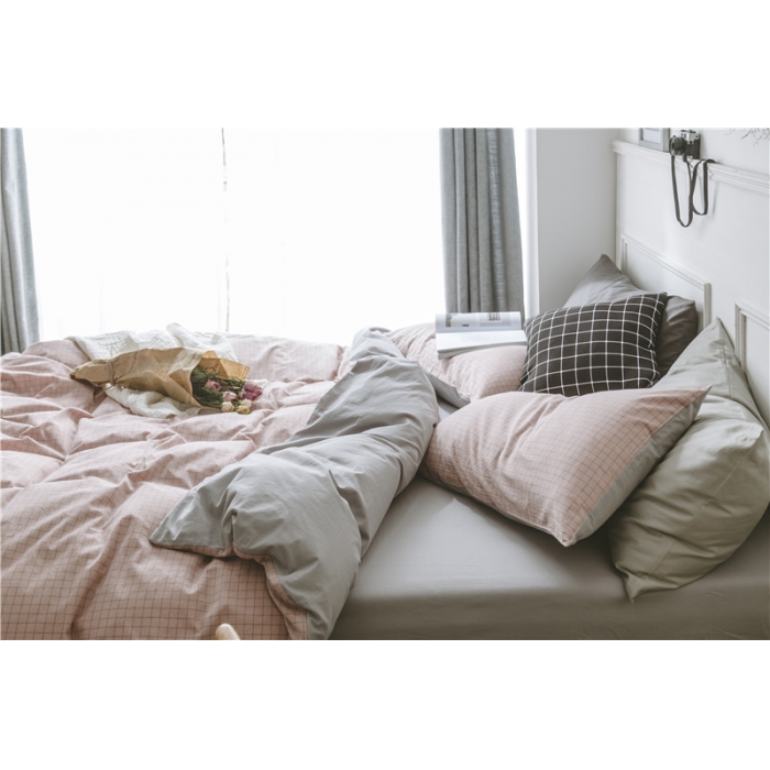 91家纺网 家纺一手货源 找家纺 早春全棉色织水洗套件电子图浅粉格子