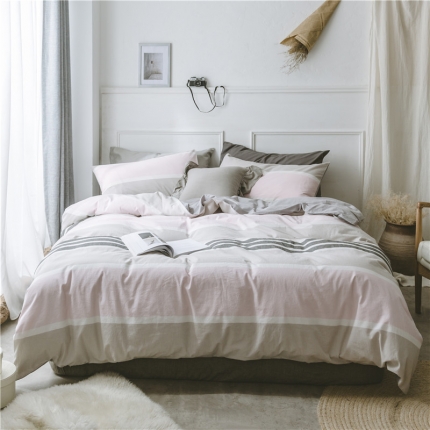 91家纺网 家纺一手货源 找家纺 早春全棉色织水洗套件电子图浅粉条纹