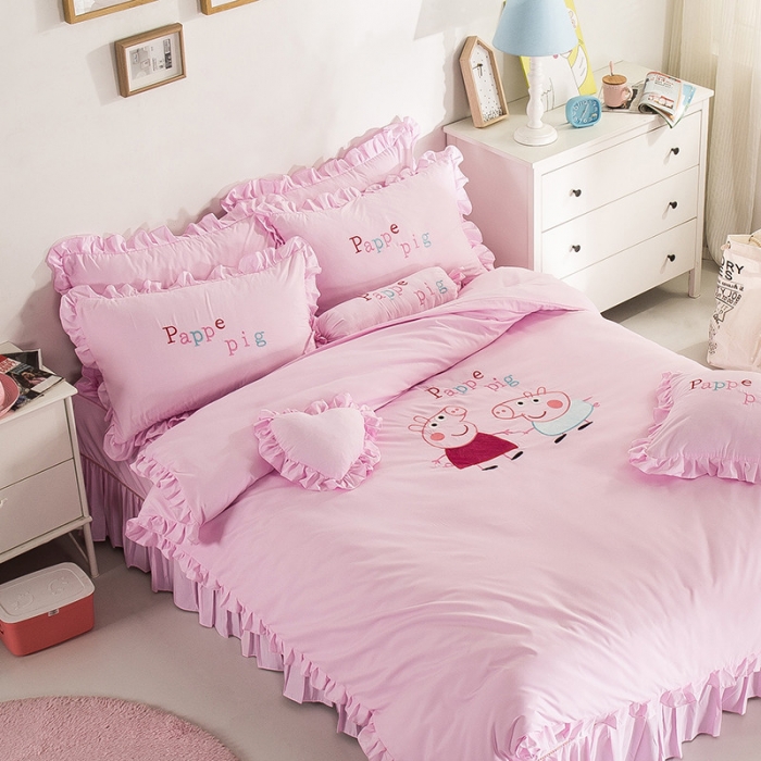 91家纺网 家纺一手货源 找家纺 欧冠家纺 水洗磨毛卡通床裙款四件套 佩琪与乔治