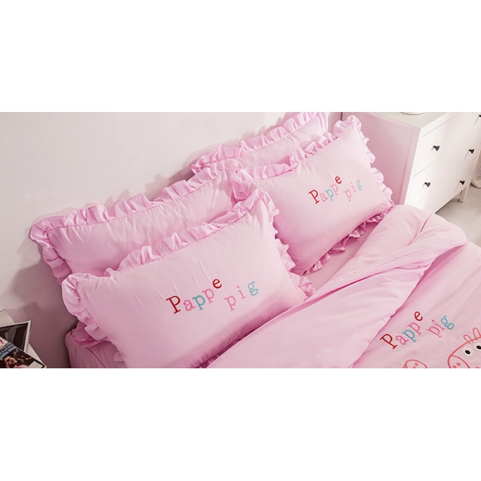 91家纺网 家纺一手货源 找家纺 欧冠家纺 水洗磨毛卡通床裙款四件套 佩琪与乔治