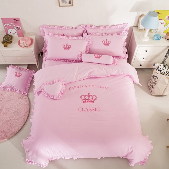 91家纺网 家纺一手货源 找家纺 欧冠家纺 水洗磨毛卡通床裙款四件套 皇冠粉