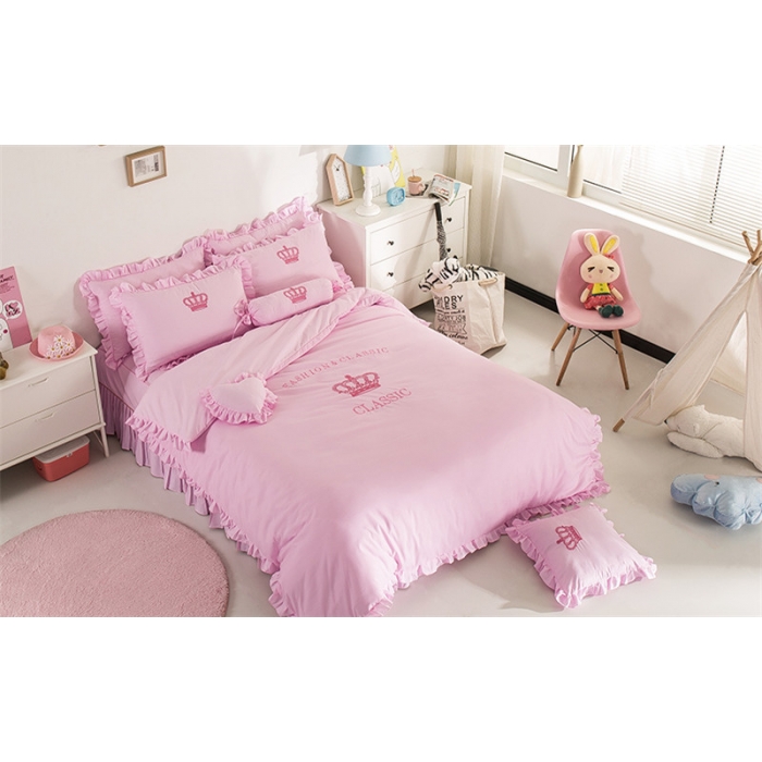 91家纺网 家纺一手货源 找家纺 欧冠家纺 水洗磨毛卡通床裙款四件套 皇冠粉