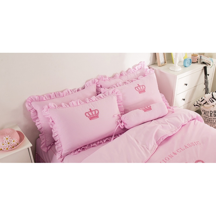 91家纺网 家纺一手货源 找家纺 欧冠家纺 水洗磨毛卡通床裙款四件套 皇冠粉