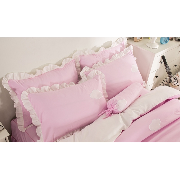 91家纺网 家纺一手货源 找家纺 欧冠家纺 水洗磨毛卡通床裙款四件套 云朵粉